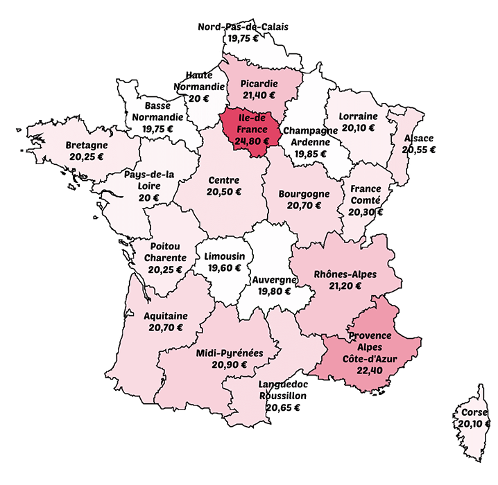 La carte de France des tarifs des cours particuliers